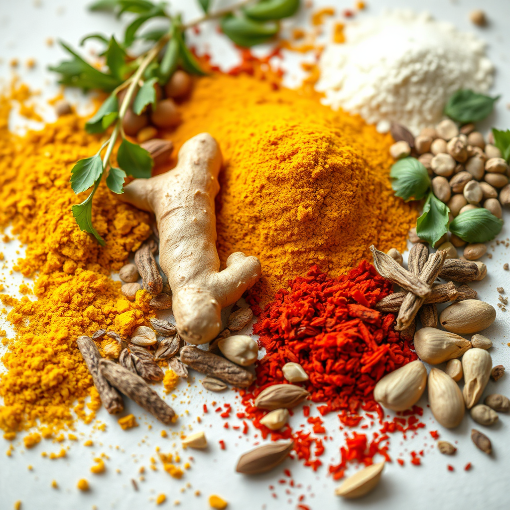 A colorful array of Ayurvedic spices arranged in a visually appealing manner. Include spices like turmeric, ginger, cumin, coriander, and cardamom. The lighting is soft and diffused, highlighting the textures and colors of the spices. The image should be in 8K resolution and have a balanced composition.