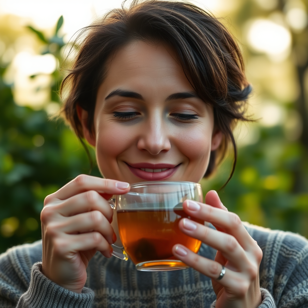 A person enjoying a cup of herbal tea in a peaceful natural setting. The person is relaxed and content, with a serene expression on their face. The background is blurred and features lush greenery. The lighting is warm and inviting, creating a sense of calm and well-being. The image should be in 8K resolution and have a shallow depth of field.