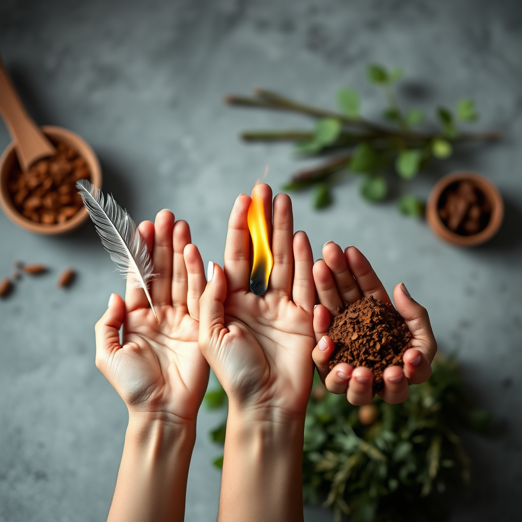 A photorealistic image showcasing three hands, each holding a different element representing the three doshas (Vata-air, Pitta-fire, Kapha-earth). The Vata hand holds a feather, the Pitta hand holds a small flame, and the Kapha hand holds a handful of earth. The background is blurred and features Ayurvedic herbs and plants. The lighting is soft and diffused, highlighting the textures of the elements. The image should be in 8K resolution and have a balanced composition.