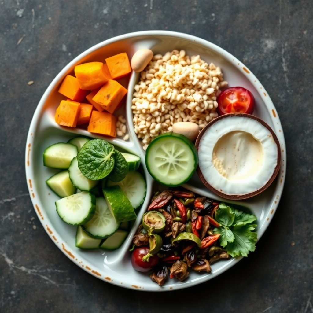 A plate divided into three sections, each representing a different dosha. Each section contains foods that are beneficial for that dosha. The Vata section features warm, grounding foods like sweet potatoes and cooked grains. The Pitta section features cooling, refreshing foods like cucumbers and coconut water. The Kapha section features light, stimulating foods like leafy greens and spices. The image should be in 8K resolution and have a balanced composition.