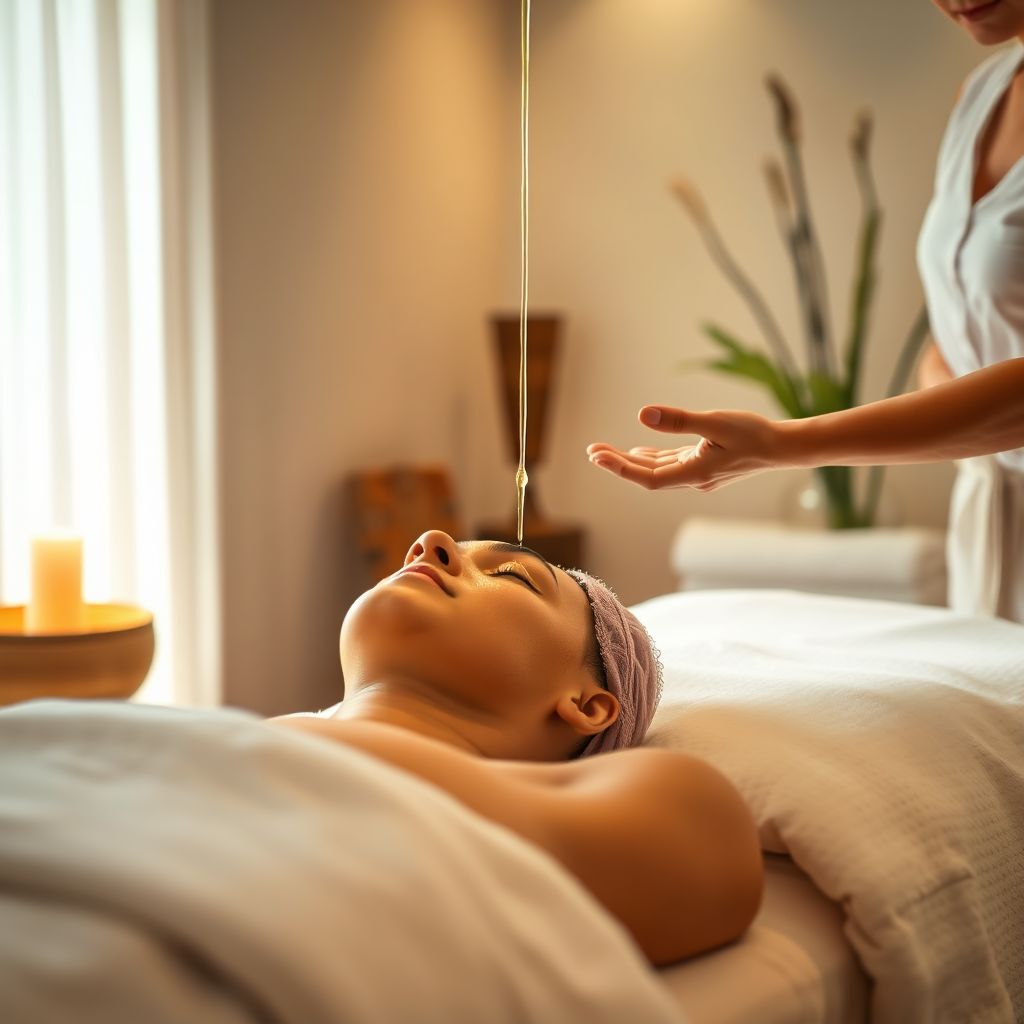 A serene spa setting where a Panchakarma treatment is being administered. Focus on the peaceful atmosphere, gentle lighting, and the caring touch of the therapist. Capture the essence of relaxation and deep healing. The resolution should be 8K, emphasizing the textures of the setting and the human interaction.