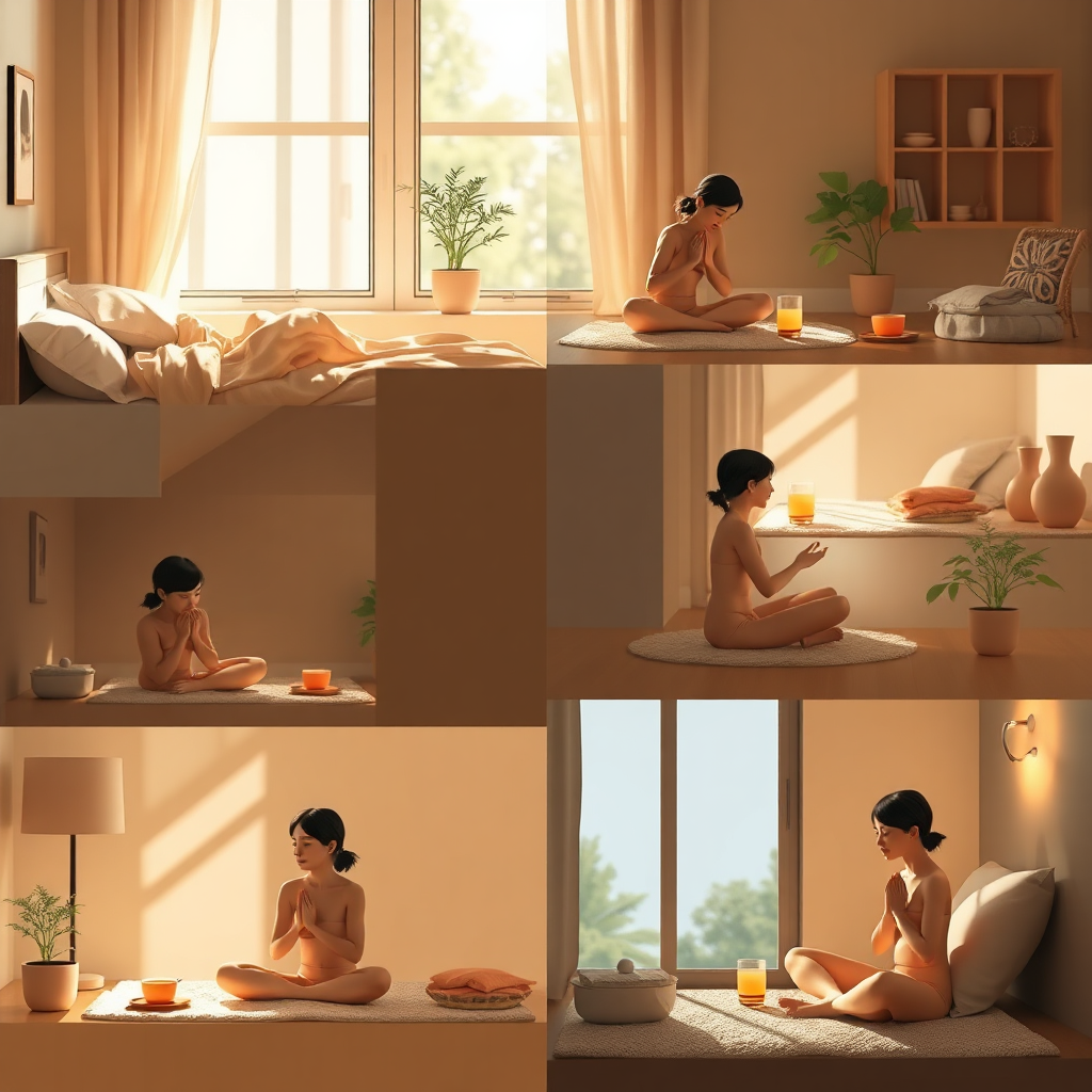 A series of small vignettes depicting different aspects of an Ayurvedic daily routine: waking up early, scraping the tongue, practicing oil pulling, meditating, and exercising. The scenes are interconnected and flow seamlessly into each other. Soft, natural light illuminates the scenes, creating a sense of calm and peace. The image should be in 8K resolution and have a balanced composition.
