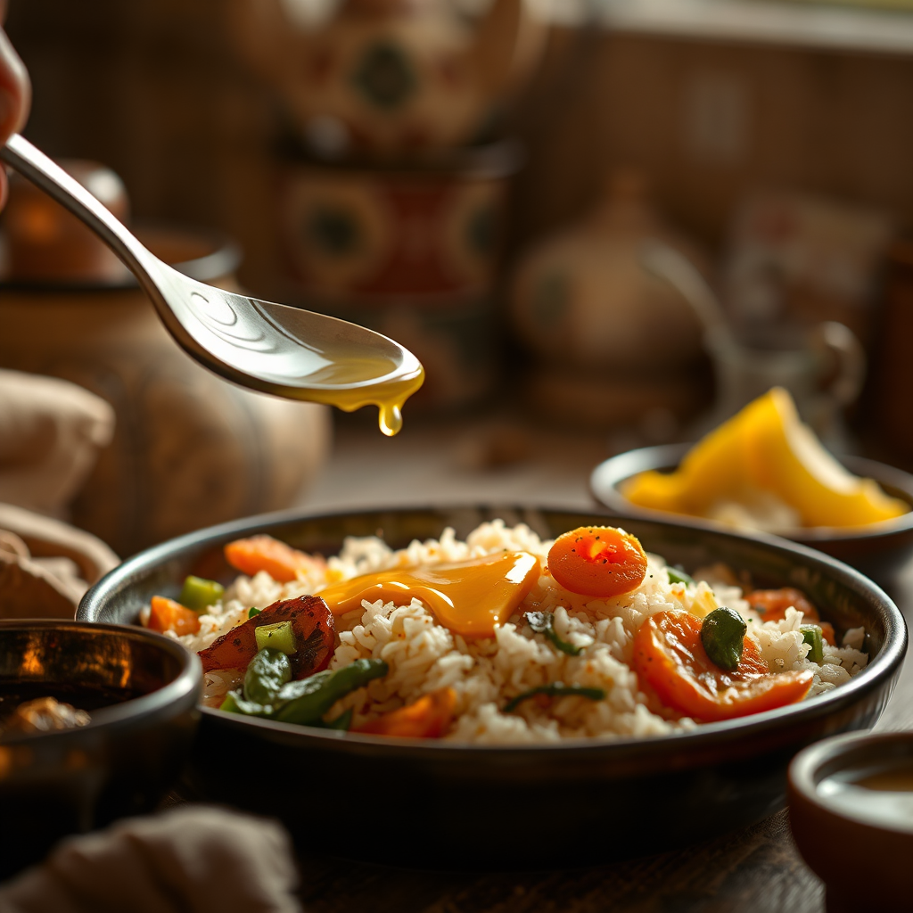 A shot of a warm, comforting Ayurvedic meal being prepared. The meal includes ingredients like ghee, rice, and vegetables. The lighting is warm and inviting, highlighting the textures of the food. The image should be in 8K resolution and have a shallow depth of field. Focus on capturing the feeling of nourishment and digestive ease.