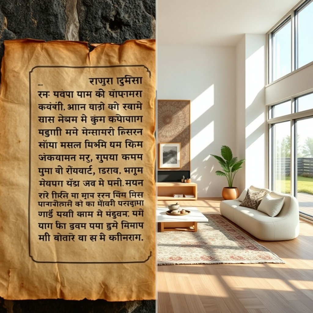 A split image: one side shows an ancient Ayurvedic manuscript, weathered and delicate, with Sanskrit calligraphy. The other side shows a modern, minimalist living space with natural light and calming colors. The two halves are seamlessly blended, representing the integration of ancient wisdom and modern living. The image should be in 8K resolution and have a balanced composition.