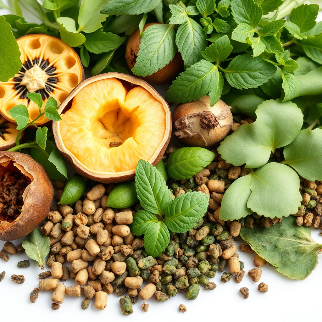 A variety of Ayurvedic detoxifying herbs arranged in an appealing manner. Examples are Triphala, Neem, Manjistha. The herbs are fresh and vibrant, with visible textures. The lighting is soft and diffused, highlighting their natural beauty. The image should be in 8K resolution and have a balanced composition.