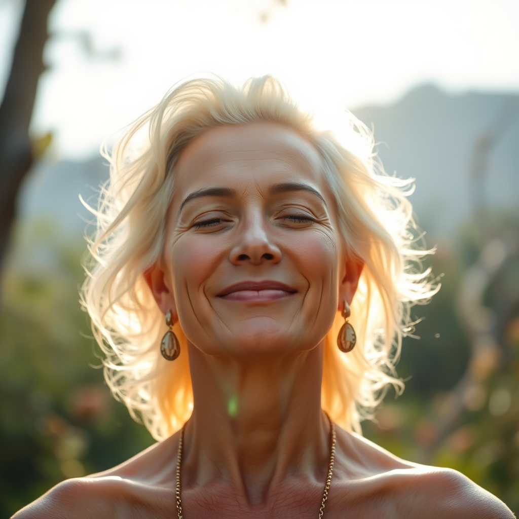 A vibrant and healthy individual radiating with vitality and inner peace after undergoing Panchakarma treatment. The setting is a serene natural environment, symbolizing harmony and well-being. The image should be in 8k resolution, capturing the glow of health and inner balance in high detail.