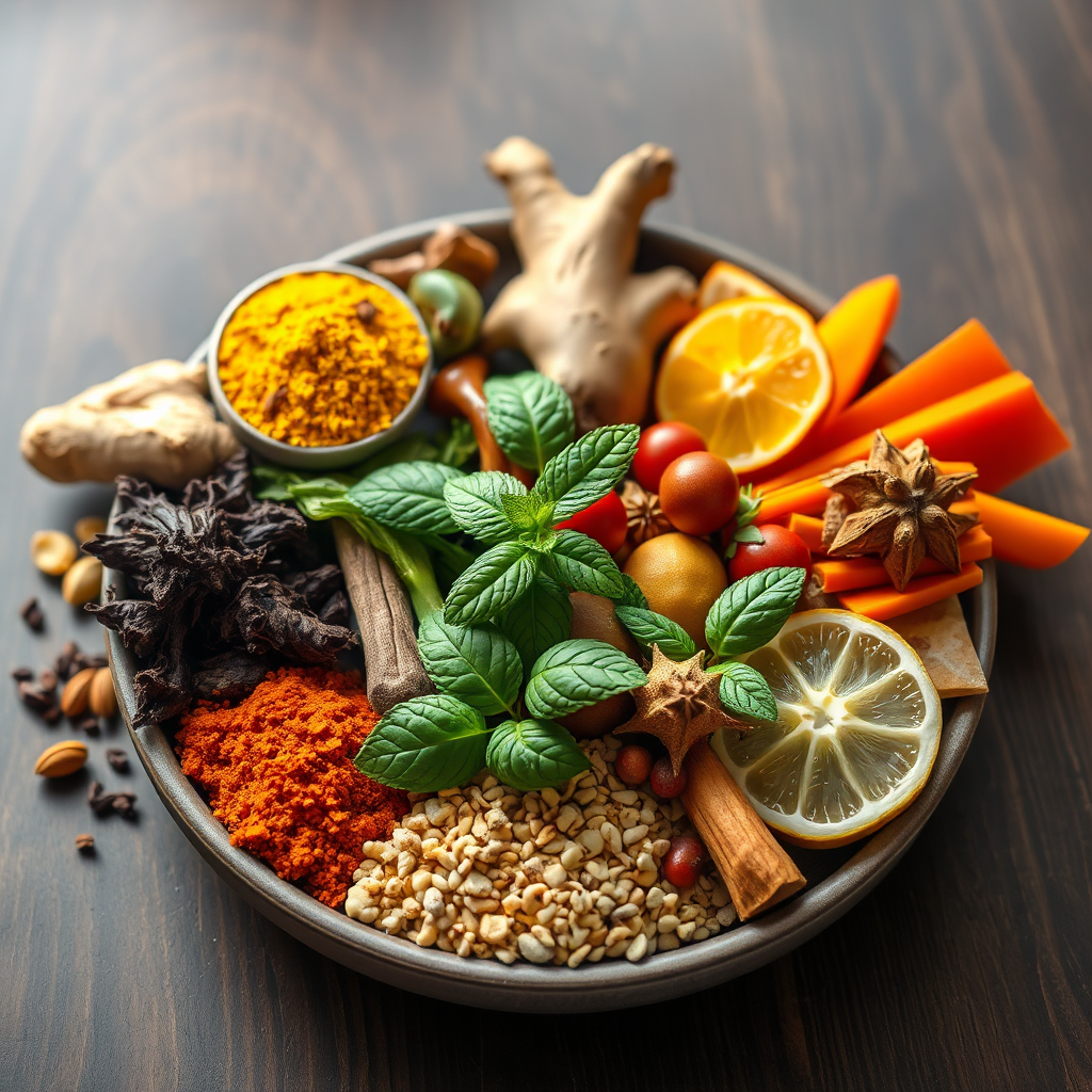 A vibrant arrangement of Ayurvedic herbs, spices, and fruits, each representing a different dosha-balancing property. The composition is colorful and balanced, with soft, natural lighting. Include ingredients like turmeric, ginger, mint, and various fruits. Capture in 8K resolution with hyperrealistic detail the textures of the elements.