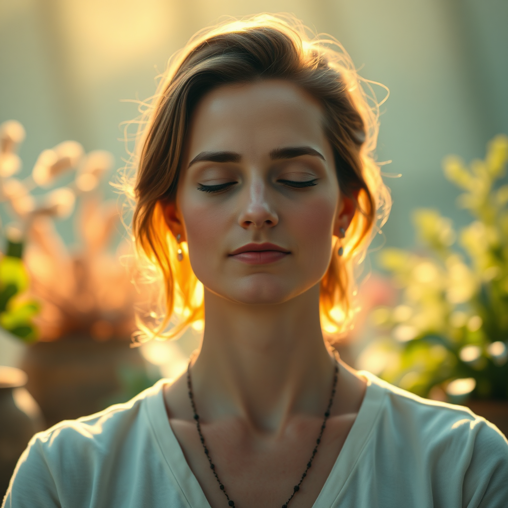 A person meditating with a serene expression on their face. The background is blurred and features Ayurvedic herbs and plants. Soft, golden light illuminates the person, creating a sense of peace and tranquility. The image should be in 8K resolution and have a shallow depth of field.