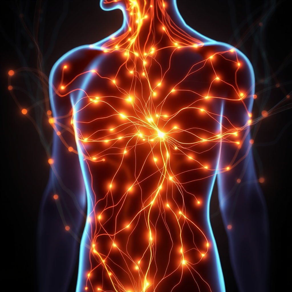 Abstract image representing the flow of energy within the body, visualized as a network of glowing lines. The lines are thicker and brighter in areas where energy is balanced, and thinner and dimmer in areas where energy is imbalanced. The image should be in 8K resolution and have a dark background to enhance the contrast.