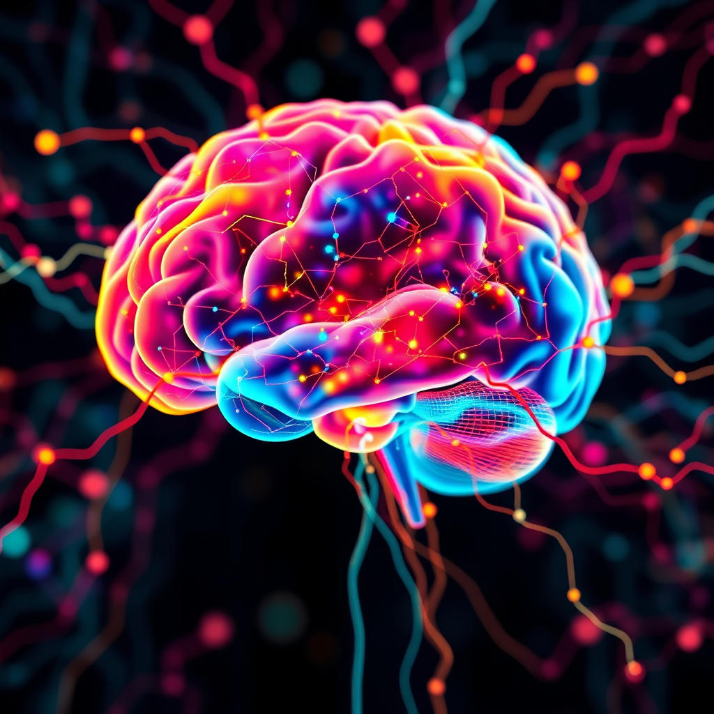 Abstract representation of the human mind as a complex network of interconnected pathways. Use bright, vibrant colors to represent thoughts and emotions. The image should be in 8K resolution and have a dynamic composition.