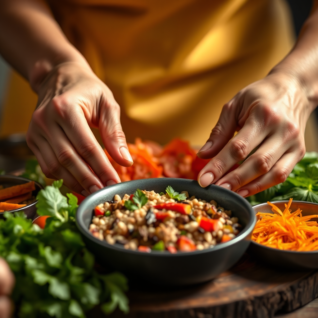 Close-up shot of hands preparing a colorful Ayurvedic meal. The ingredients are fresh and vibrant, including vegetables, grains, and spices. The lighting is warm and inviting, highlighting the textures of the food. The image should be in 8K resolution and have a shallow depth of field. Focus on capturing the joy and mindfulness of the cooking process.