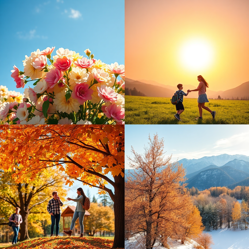 Four distinct panels, each representing a different season: spring (blooming flowers), summer (bright sunshine), autumn (falling leaves), and winter (snow-covered landscape). Each panel features a person engaging in activities that are appropriate for that season. The overall composition is harmonious and balanced. The image should be in 8K resolution and have vibrant colors.