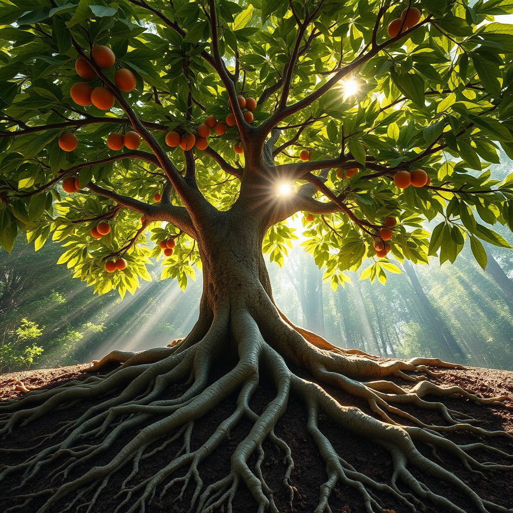 Visualize a tree with deep, strong roots reaching into the earth, and its branches reaching towards the sky, adorned with lush leaves and ripe fruit. The sunlight filters through the leaves, creating dappled patterns. The image embodies the holistic concept of Ayurveda. Capture in 8k resolution the detailed texture of bark, leaves and fruit.